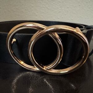 Elegant Black Faux-Leather Belt with Gold Buckle